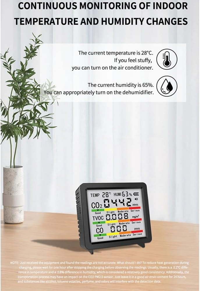 Tragbarer Luftmonitor, 4-Zoll-Bildschirm CO2/HCHO/TVOC-Temperatur-Feuchtigkeitsmessgerät, automatische Kalibrierung, USB-C-Betrieb für Innen-, Heim-, Büro-, Auto- und Luftsteuerung – Bild 8