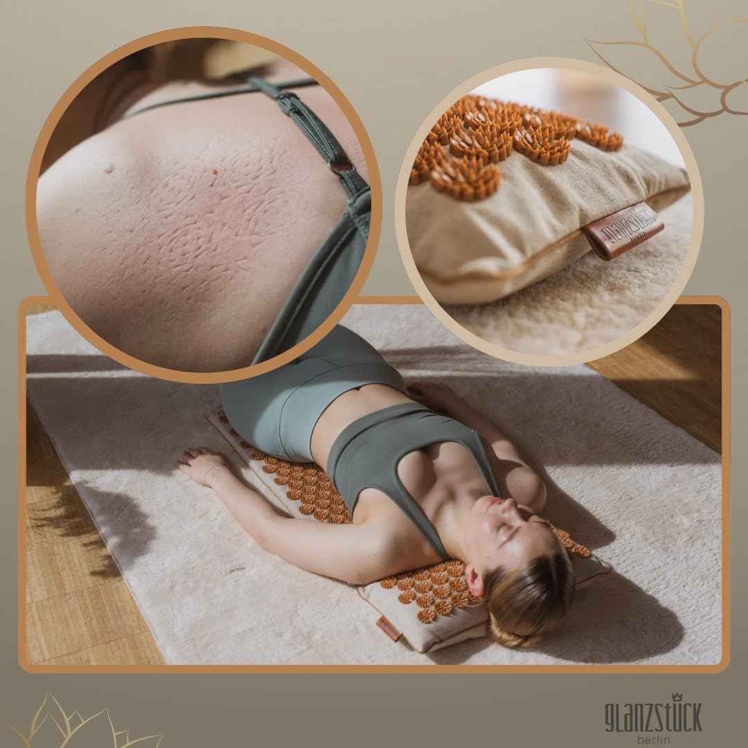 Glanzstück Berlin® Health Collection: Intense XL Akupressurmatten-Set, Leinen, hilft bei Verspannungen, Rückenschmerzen, Massagematte mit Kissen (Wärmefunktion) und Tasche, nachhaltig – Bild 3