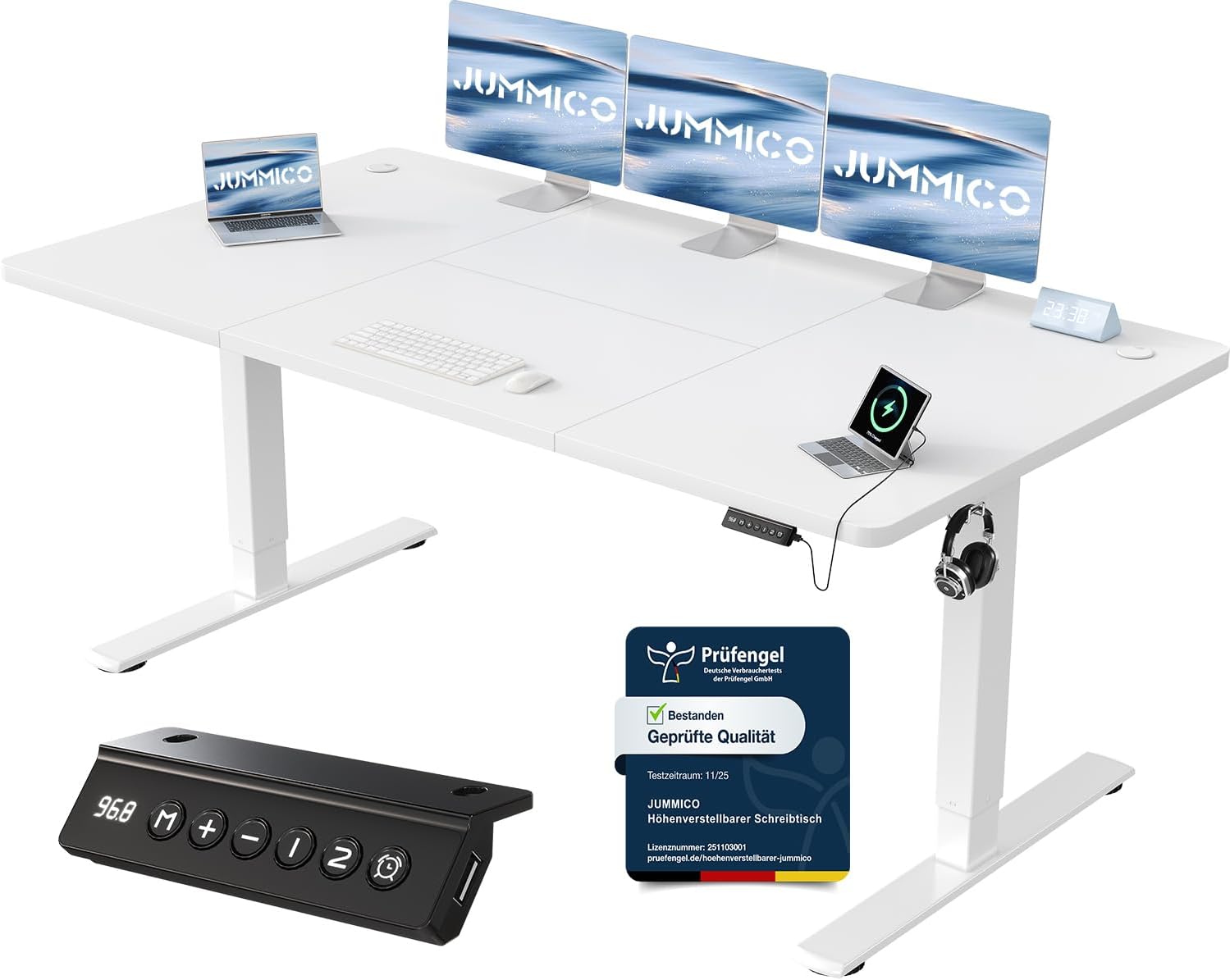 JUMMICO Höhenverstellbarer Schreibtisch mit USB-Ladeanschluss, 180 x 80 cm, elektrischer Schreibtisch, Stehsitz, Tisch, verstellbarer Computertisch, weiß