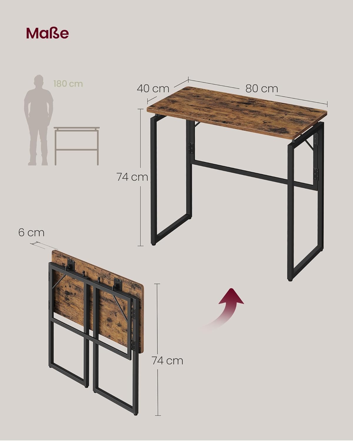 VASAGLE LWD151KD01 Klapptisch, kleiner Schreibtisch, Computertisch, einteilige Platte, abgerundete Ecken, Tisch für Heimbüro, Schlafzimmer, 80 x 40 cm, Vintage-Braun – Bild 3