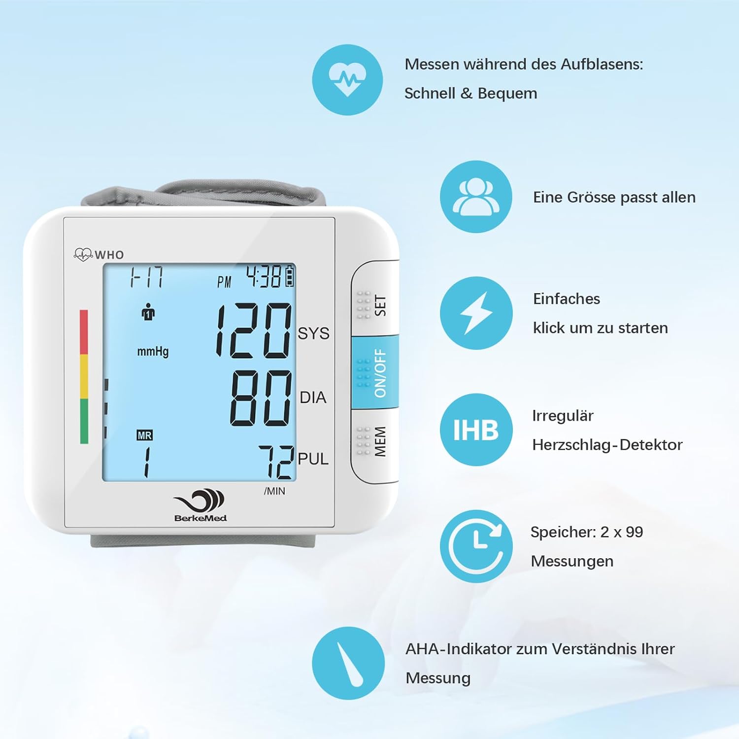 Blutdruckmessgerät Handgelenk, vollautomatischer Blutdruck, 2 x 99 Speicher, großes LED-Display mit Arrhythmie-Erkennung, genaue Messung, Manschettensitzkontrolle (weiß) – Bild 4