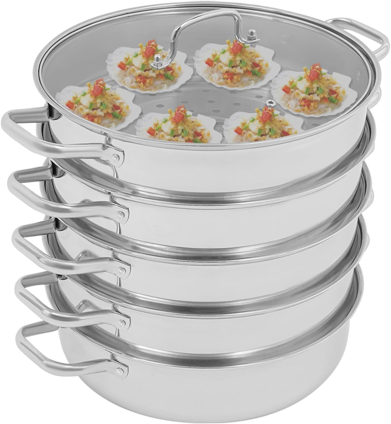 5-lagiger Dampfgarer aus Edelstahl mit Glasabdeckung, 32 cm Dampfgarer, Dampfgarer, Schongarer, Induktionskochtopf zum gleichzeitigen Dämpfen von Suppe, Nudeln, Fisch, geeignet für die Küche aller Herdarten