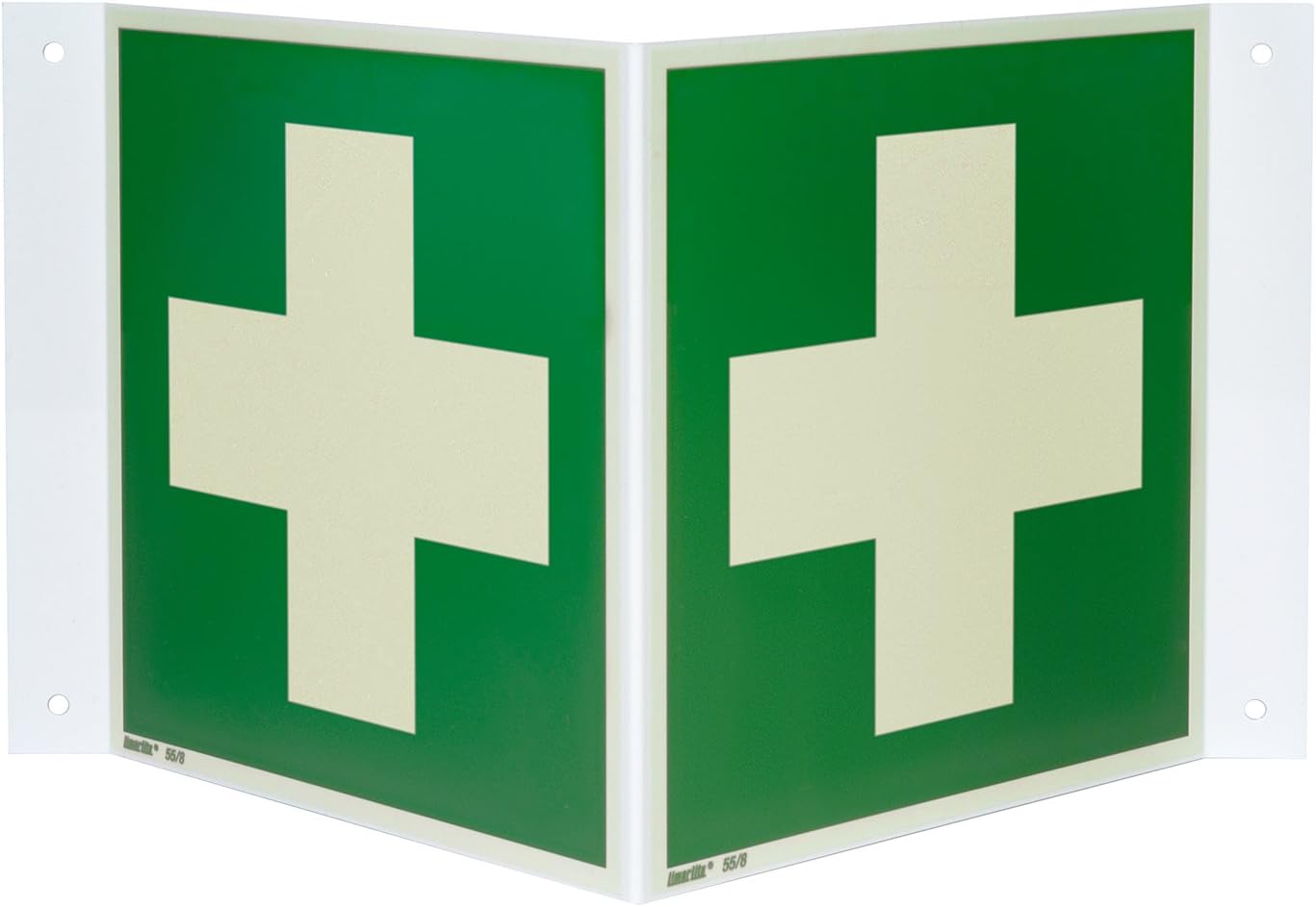 Erste-Hilfe-Nasenschild/Winkelschild, Hart-PVC, fotolumineszierend, 200 x 200 mm gemäß ASR A1.3 / ISO 7010 E003, Rettungsschild, 20 x 20 cm
