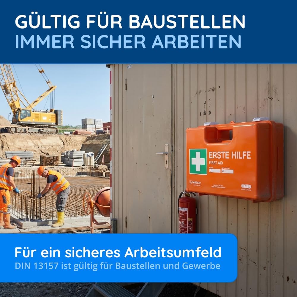 Erste-Hilfe-Koffer für Unternehmen, Inhalt nach DIN 13157, orange, gefüllter Erste-Hilfe-Kasten mit Wandhalterung – Bild 6