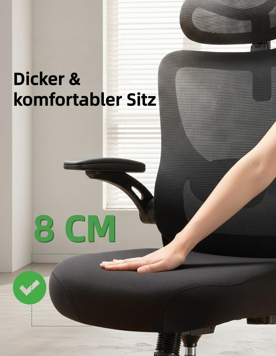 Marsail Ergonomischer Bürostuhl mit verstellbarer Lordosenstütze, Kopfstütze und Armlehne, Höhenverstellung und Wippfunktion, Schwarz – Bild 4