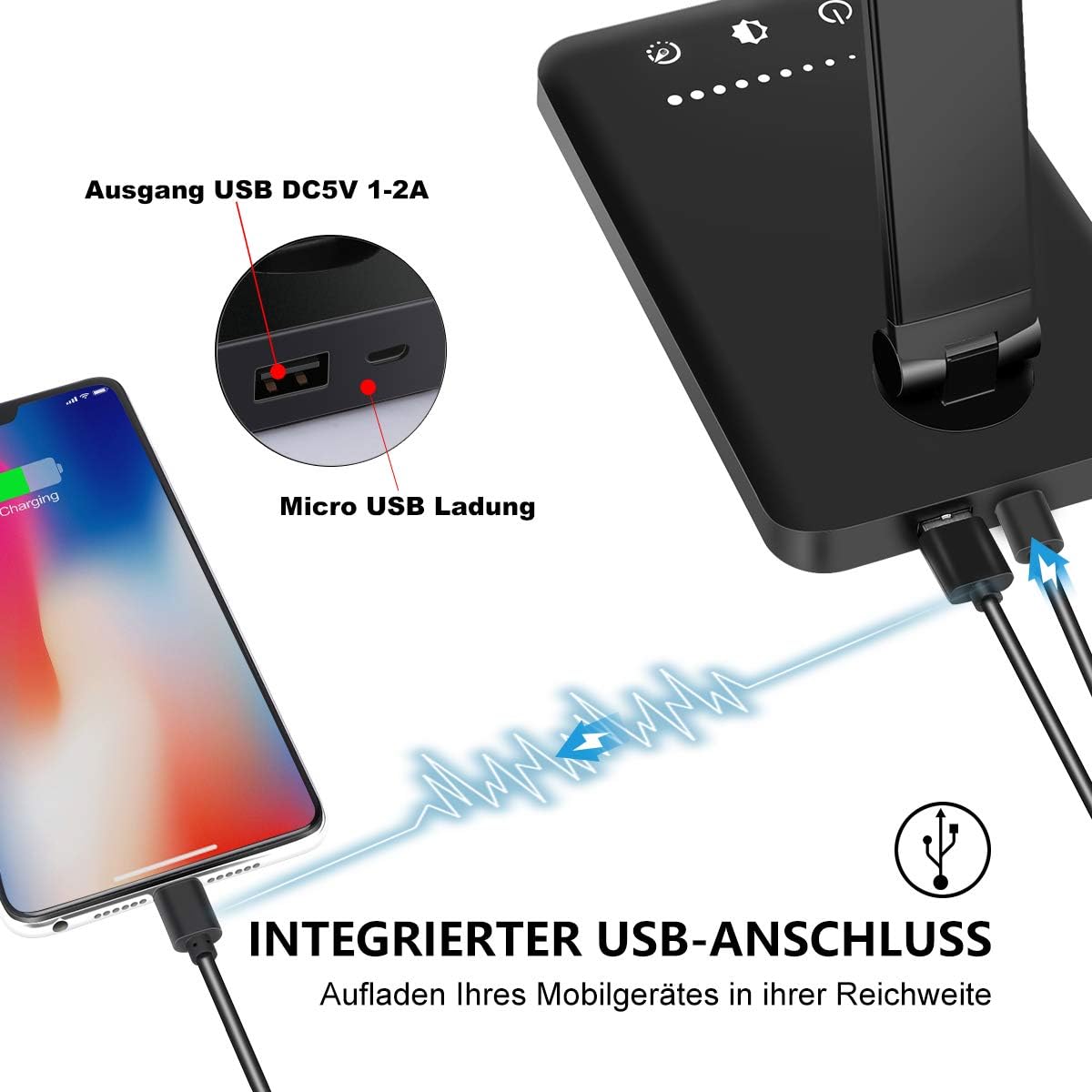 Dimmbare LED-Schreibtisch-Tisch- und Schreibtischlampe mit 5 Farben und 10 Helligkeitsstufen, augenfreundliche Nachttischlampe mit USB zum Aufladen von Smartphones, Lampe für Kinder – Bild 4