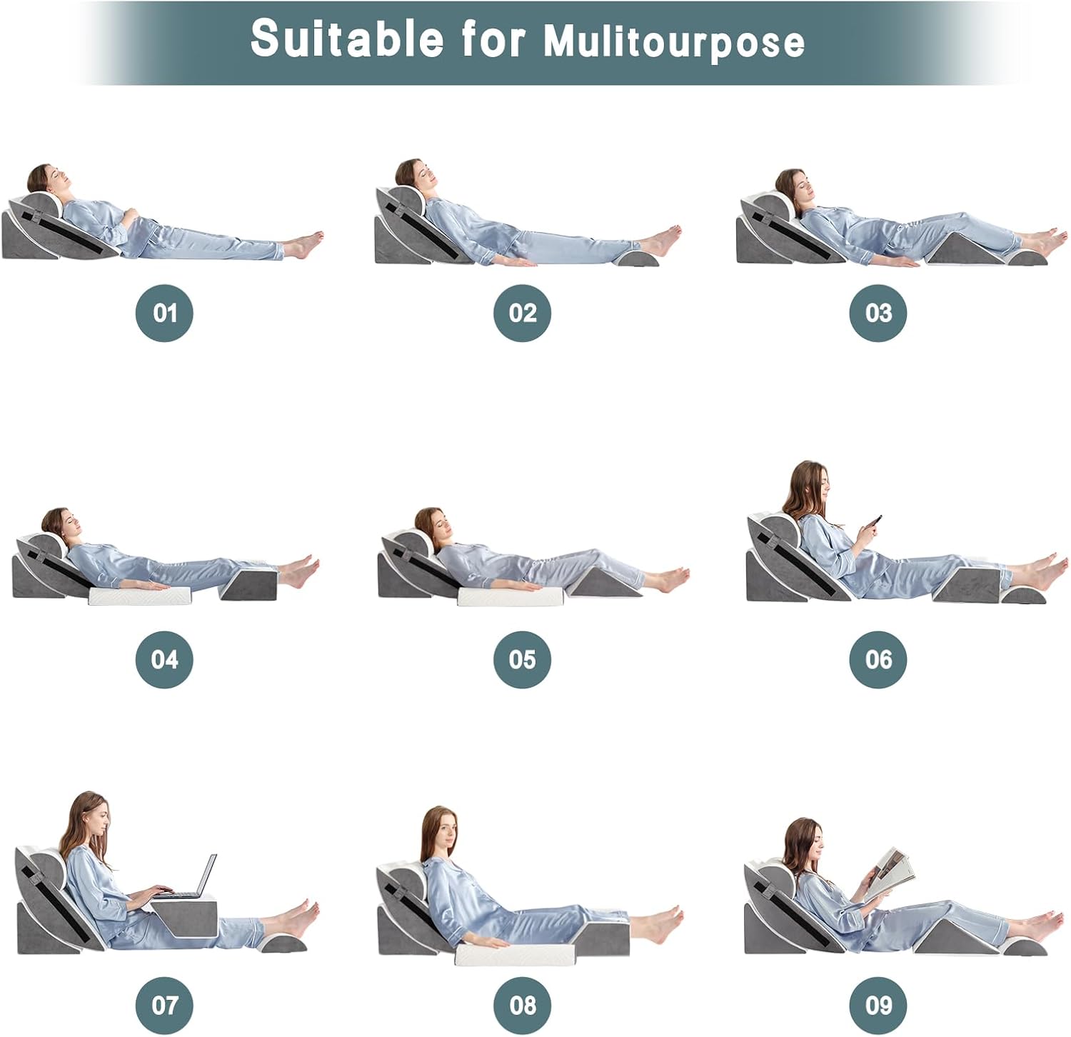 6-teiliges orthopädisches Bettkeilkissen-Set für nach Operationen, Memory-Schaum zum Schlafen, Linderung von Rücken- und Beinschmerzen, bequemes und verstellbares Stützkissen – Anti-Schnarchen, Sodbrennen (hellgrau, 6-teilig) – Bild 8