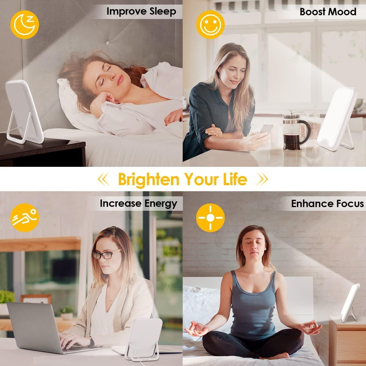 VTHW Tageslichtlampe, 10000 Lux Lichttherapielampe mit Memory-Funktion, 4 Timer, 3 Lichtfarben, Sonnenlichtlampe mit Tastensteuerung, stufenloses Dimmen, 90°-Halterung, für Zuhause/Büro – Bild 6