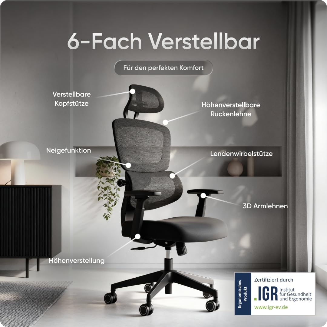 Ergonomischer Bürostuhl Move für das Home Office bis 150 kg – Schreibtischstuhl mit intelligenter Lordosenstütze, 3-stufiger Neigung & höhenverstellbarer Rückenlehne, Bürodrehstuhl (Schwarz) – Bild 3