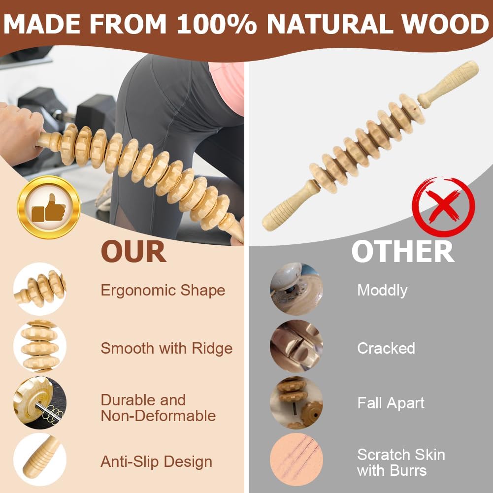 ACWOO Holz-Faszienrolle, 2 Stück Holz-Massagerolle, Anti-Cellulite-Massagegerät für Muskelentspannung, Körperformung, Gua-Sha-Massage – Bild 6