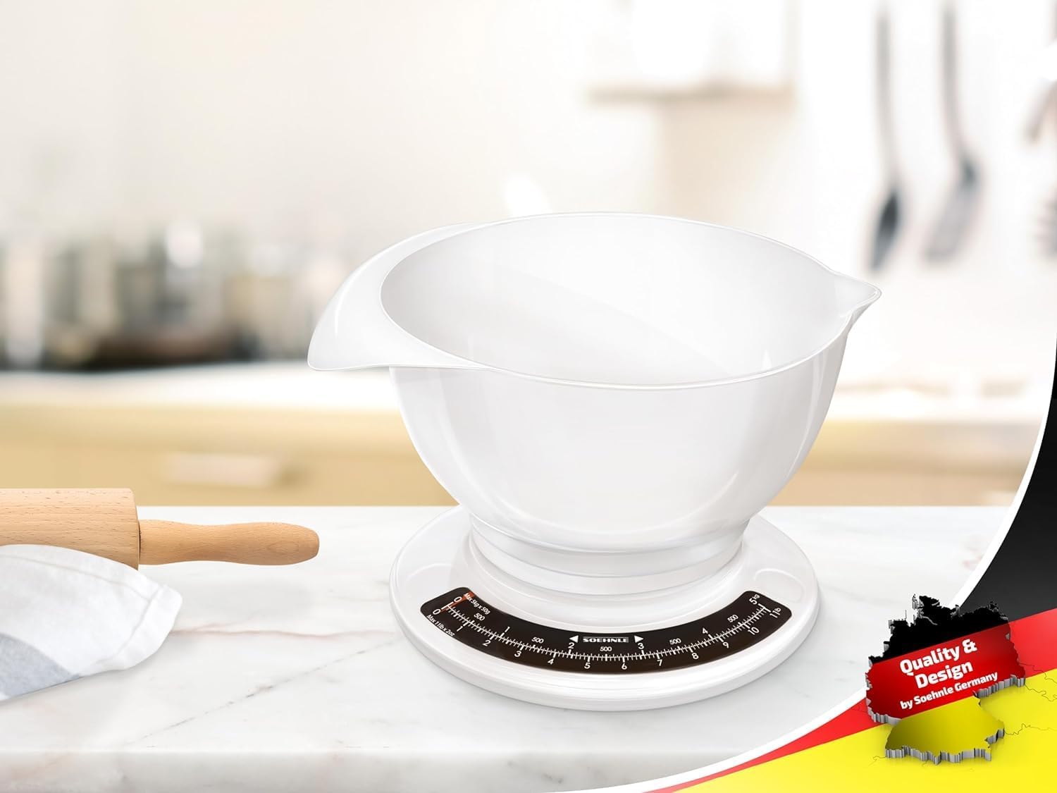 Soehnle Culina Pro 5 kg, analoge Küchenwaage, weiß, Gewicht bis 5 kg (50 g genau), Haushaltswaage mit großer Rührschüssel, Retro-Küchenwaage für Kuchen und mehr – Bild 3
