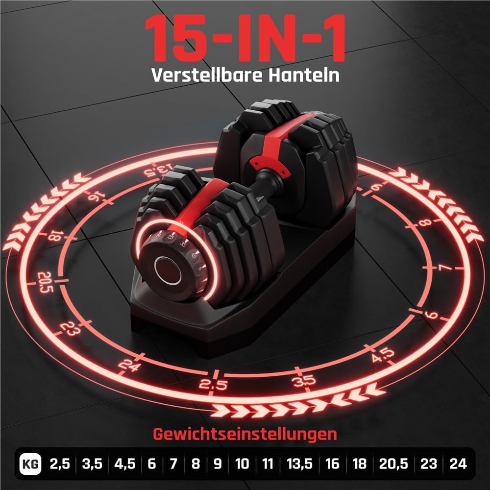 Yaheetech Verstellbarer Hantel, 15 Stufen aus Stahl, 2,5 – 24 kg, sofortige Anpassung, Doppelverriegelungssystem, rutschfest, für Fitnessstudio, Zuhause, Büro – Bild 3