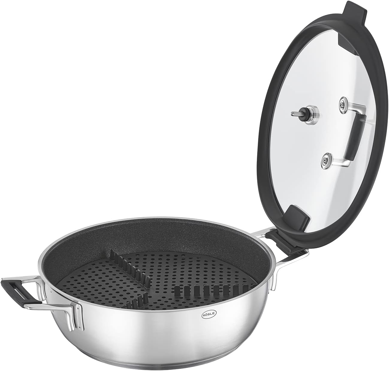 RÖSLE Silence Pro Aroma-Dampfgarer, hochwertige Auflaufform zum Dünsten, Warmhalten und Aufwärmen inklusive Deckelthermometer und Ablagegestell, Edelstahl, spülmaschinenfest, 28 cm, Silber/Schwarz – Bild 4