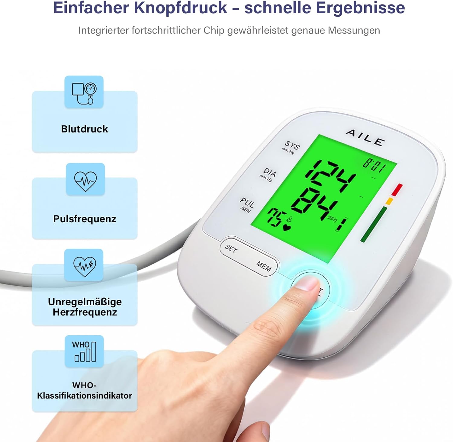AILE X6 Oberarm-Blutdruckmessgerät (22–42 cm) – Automatisches Oberarm-Blutdruckmessgerät, klinische Präzision ±3 mmHg, 3-farbige Hintergrundbeleuchtung, großes LCD, 2 x 99 Speicher, Arrhythmie-Erkennung – Bild 2