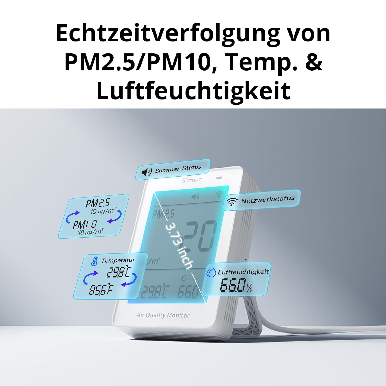 SONOFF Smart Monitor für Raumluftqualität mit PM2,5, PM10, Temperatur- und Luftfeuchtigkeitssensor, Echtzeitanzeige und Alarm, Materie-kompatibel, 2,4 GHz WLAN, 3,73-Zoll-Bildschirm – Bild 4