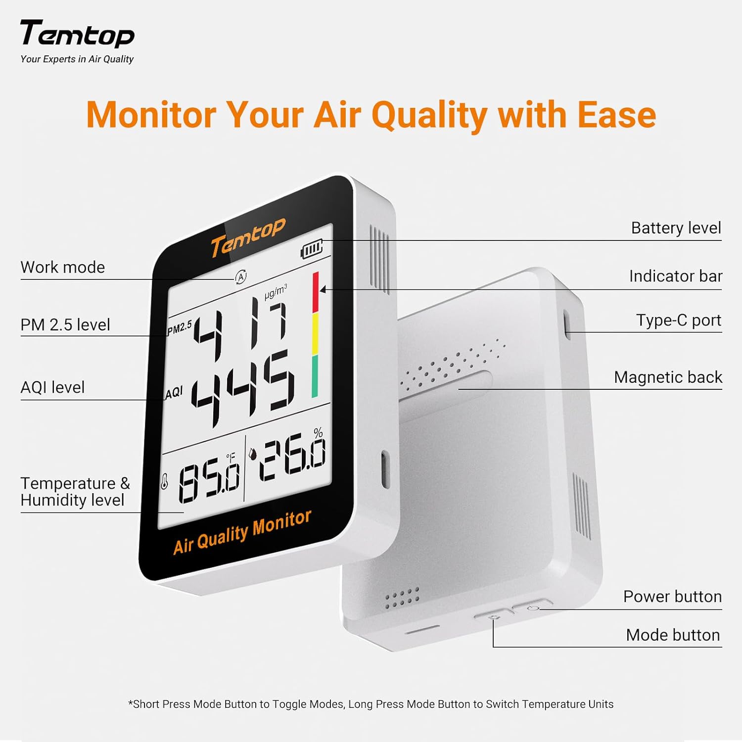 Temtop S1-UP Luftqualitätsmessgerät PM2,5, AQI, Temperatur und Luftfeuchtigkeit, extrem lange Batterielebensdauer von 100 Tagen, ideal für Zuhause und Büro – Bild 2