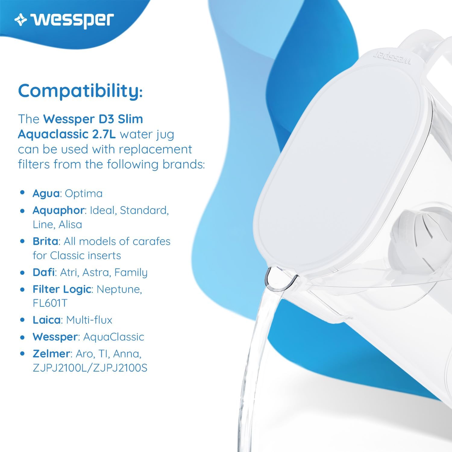 Wessper Wasserfilterkanne 2,7 L kompatibel mit Brita Classic für Kühlschranktür, Wasserfiltersystem zur Reduzierung von Kalk, Chlor, Wasserfilterkanne + Wasserfilter Aquaclassic, weiß – Bild 3