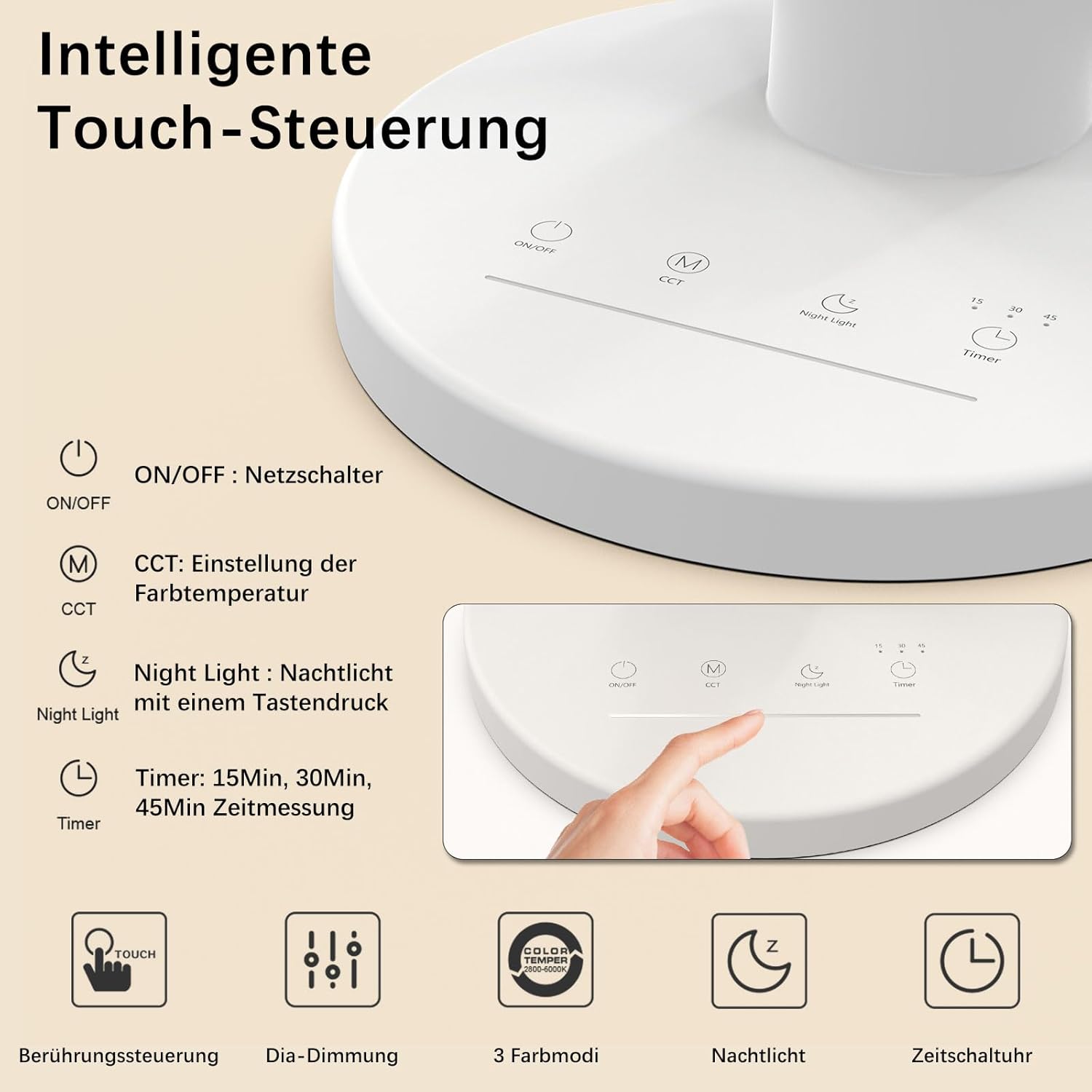Schreibtischlampe LED dimmbar, 1000 lm, ultrahelle Tischlampe, 3 Farbmodi, 7 Helligkeiten, Schreibtischlampe mit Touch-Steuerung, Memory-Funktion, Leselampe, drehbare Nachttischlampe für Büro, Arbeit, Nachttisch – Bild 2