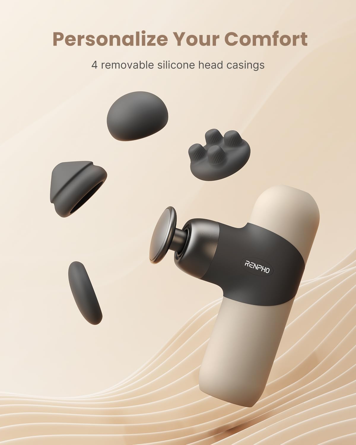 RENPHO Mini-Thermo-Massagepistole mit Wärmefunktion, Mini-Massagepistole, tragbares modisches Percussion-Massagegerät, mit farbigen Silikonhüllen, Reisegröße mit Tragetasche, für Muskelmassage, Beige – Bild 7