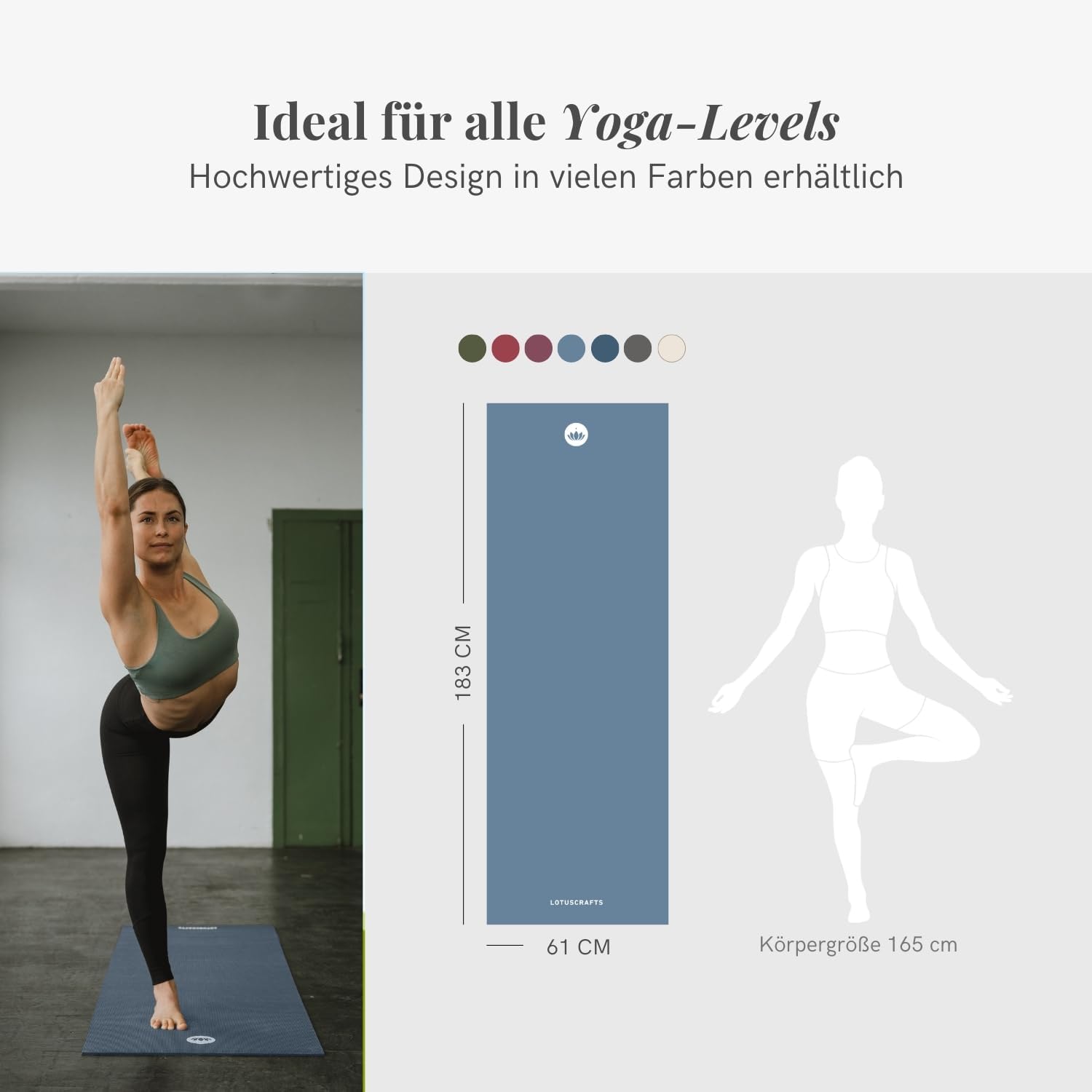 Lotuscrafts Yogamatte, rutschfest, 183 x 61 x 0,5 cm, leichte Fitnessmatte, auch als Gymnastikmatte, Sportmatte, hautfreundlich und schadstoffgeprüft – Bild 4