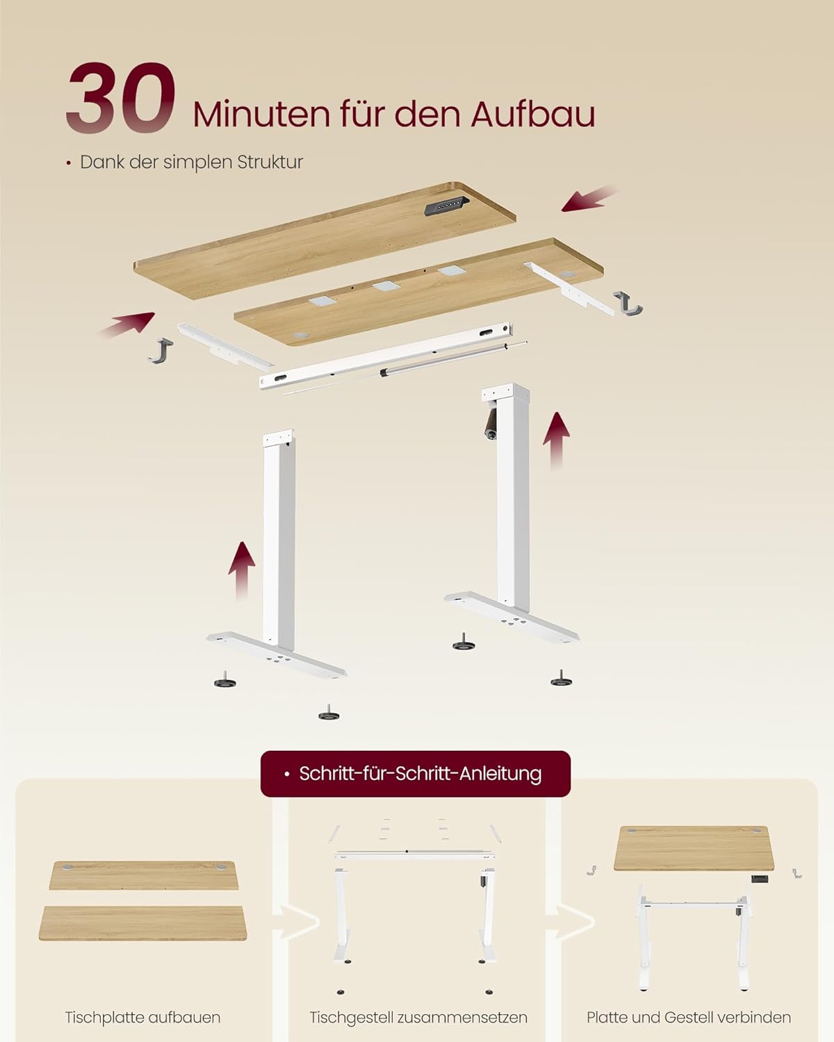 VASAGLE LSD310YA03 Höhenverstellbarer Schreibtisch, Stehpult, Computertisch, 4 Höhen, Memory-Funktion, Büroschreibtisch, 100 x 60 cm, Goldeiche – Bild 7