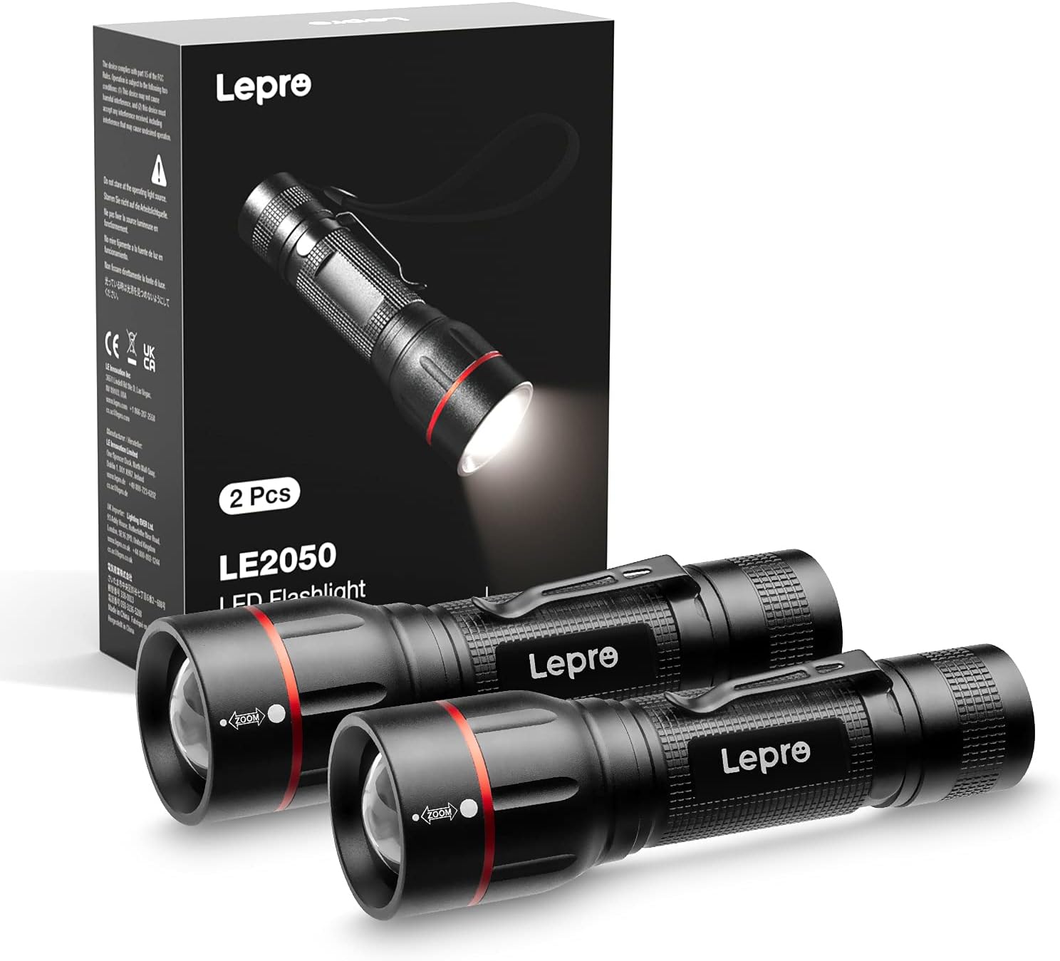 Lepro LED-Taschenlampe, LE2050, extrem hell mit Clip, zoombare Taschenlampe mit 5 Modi, wasserdichte Taschenlampe für Camping, Outdoor, Wandern, Angeln, Geschenk, 2 Stück