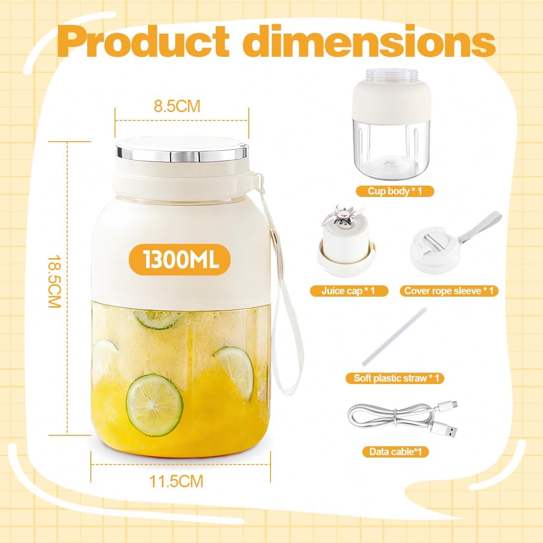 LOMUG Mini Tragbarer Mixer, Smoothie Maker To Go, 1300 ml Becher mit auslaufsicherem Deckel, USB wiederaufladbarer Standmixer Mixer mit 38 Klingen, Frischsaft-Mischflasche für Reisen, Büro, Sport, Camping – Bild 2