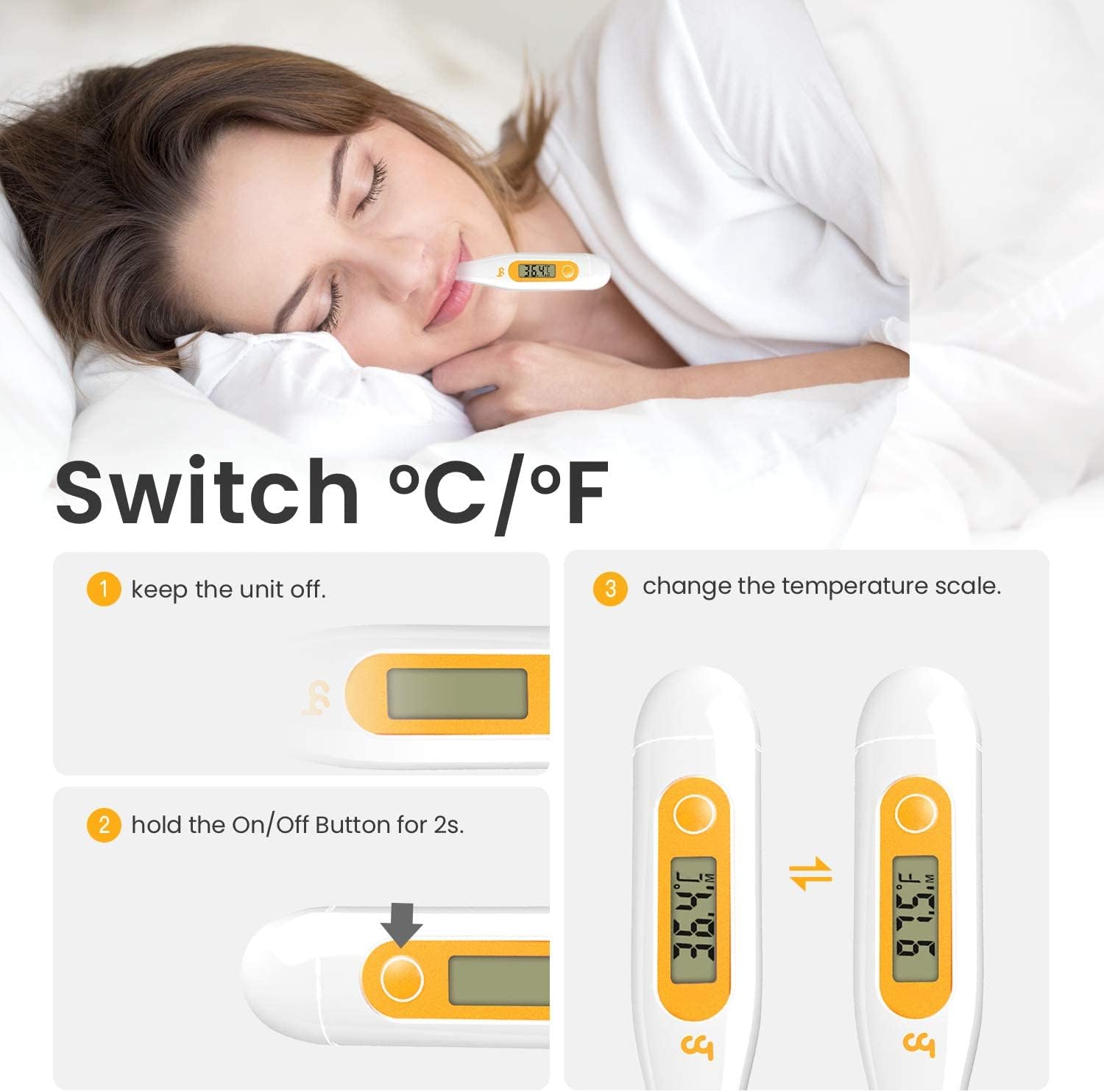 Digitales Fieberthermometer, Rektal, Oral, Achselthermometer Fieberthermometer für Baby Kinder Erwachsene, Genaue und Schnelle Ablesungen, Wasserdichte Sonde (orange-2 Packungen) – Bild 5