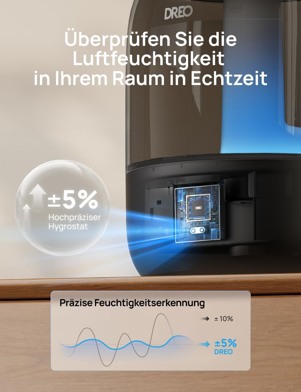 Dreo Luftbefeuchter für Schlafzimmer, Kaltnebel-Ultraschallgerät mit 30 Stunden Laufzeit, 3-Liter-Oberfülltank, Feuchtigkeitssensor, Nachtlicht für Babys, Kinderzimmer, Pflanzen und Zuhause – Bild 5