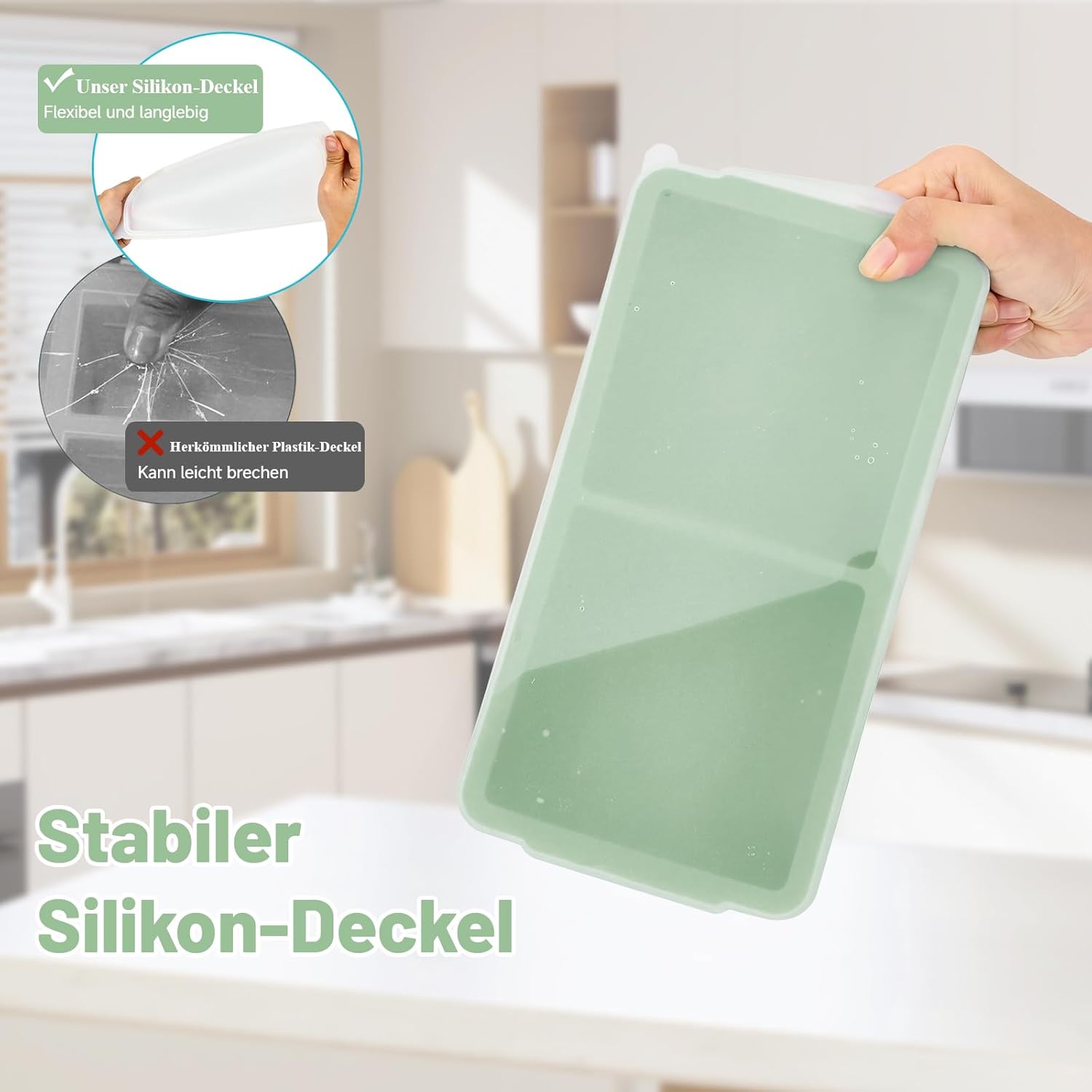 Souper Cube Silikon-Gefrierform mit Deckel, 2er-Set XXL-Eiswürfelform groß/Eiswürfelform (500 ml), Meal Prep & Suppen-Gefrierbehälter, BPA-frei, stapelbar (Mintgrün) – Bild 6