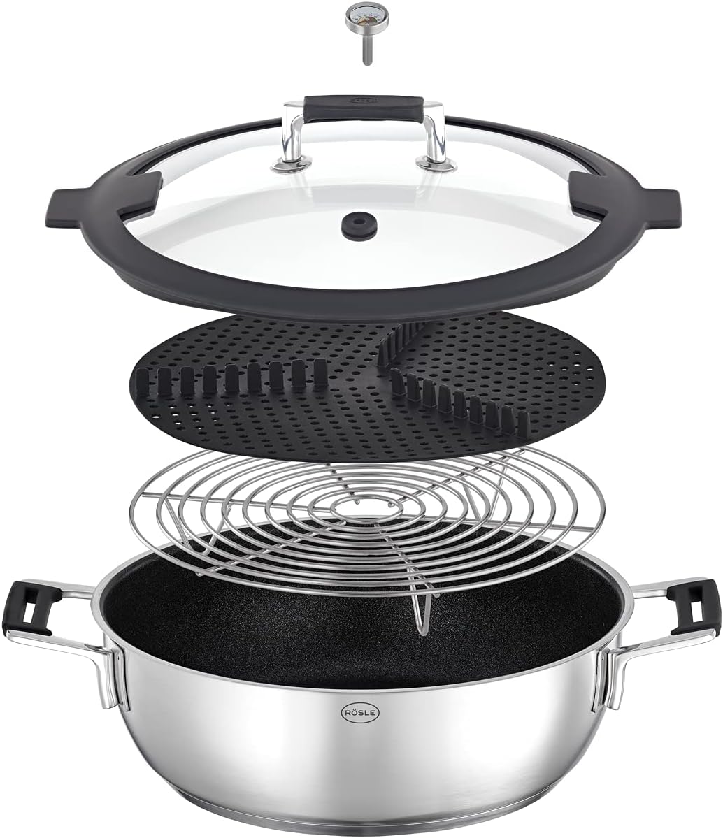 RÖSLE Silence Pro Aroma-Dampfgarer, hochwertige Auflaufform zum Dünsten, Warmhalten und Aufwärmen inklusive Deckelthermometer und Ablagegestell, Edelstahl, spülmaschinenfest, 28 cm, Silber/Schwarz – Bild 6