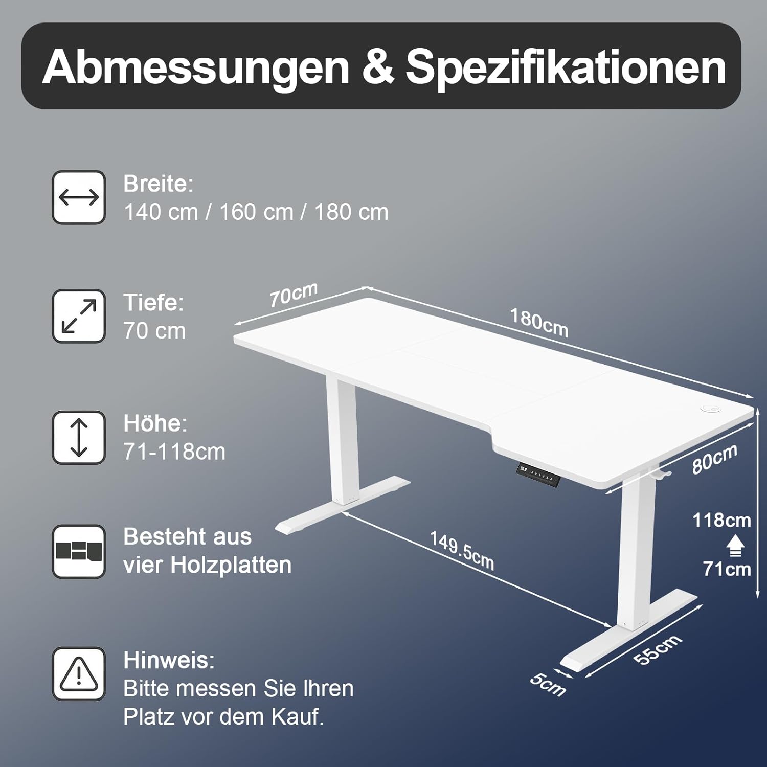 JUMMICO Höhenverstellbarer Schreibtisch 180 x 80 cm, L-Form, Gaming-Tisch, elektrisch, höhenverstellbar, Ergonomie, Bürotisch mit 4-Memory-Funktion und Kabelmanagement, große Monitorfläche, stehend – Bild 3