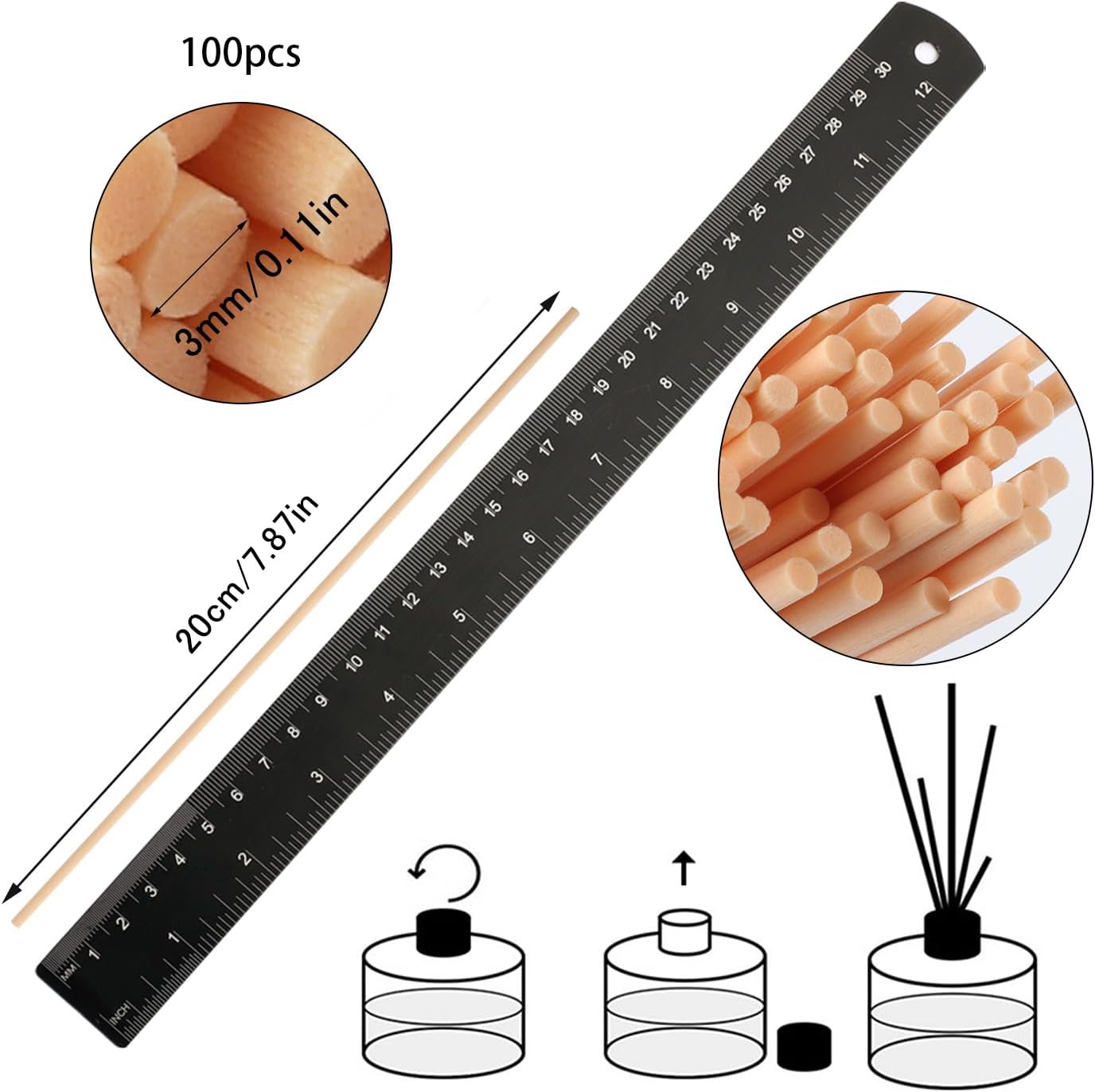 100 Stück Rattanstäbchen für Raumduft, 20 cm x 3 mm Diffusorstäbchen, Rattan-Schilffaser, Aroma-Diffusorstäbchen für ätherische Öle im Home Office Hotel Spa (natürlich) – Bild 2