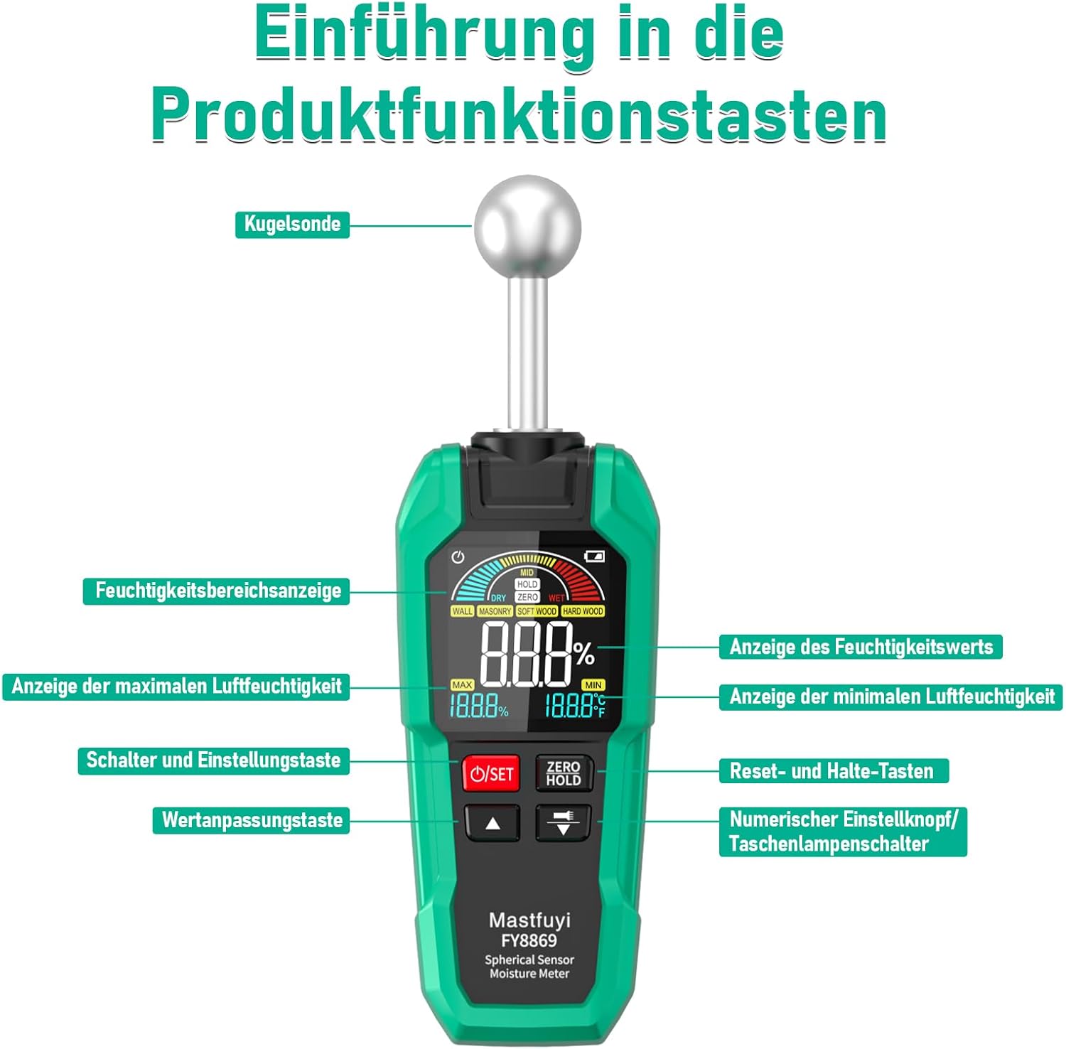 Feuchtigkeitsmesser, zerstörungsfreie Messung, Feuchtigkeitsmesser mit Farb-LCD und akustischem Alarm für Holz, Wand, Decke, Boden, Wohnmobil – Bild 7