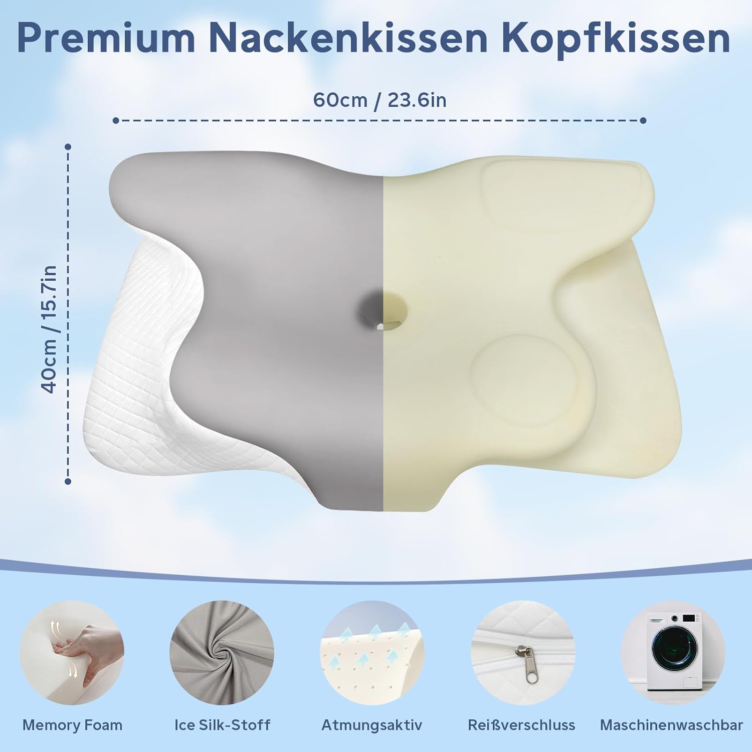 Nackenkissen Kopfkissen, Memory Foam Nackenkissen, Ergonomisches Kopfkissen für Seiten, Rücken & Bauchschläfer, Orthopädisches Kissen, Weich und Bequem (60 x 40 x 13 cm, Grau) – Bild 2