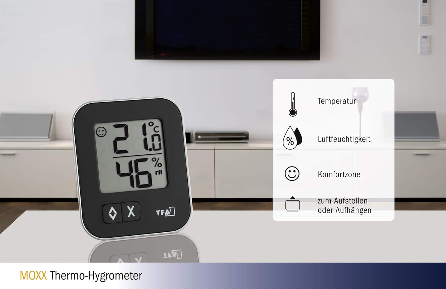 TFA Dostmann Moxx digitales Thermo-Hygrometer, 30.5026.01, zur Raumklimakontrolle, Überwachung der Luftfeuchtigkeit, klein und handlich, 1er-Pack, schwarz – Bild 5