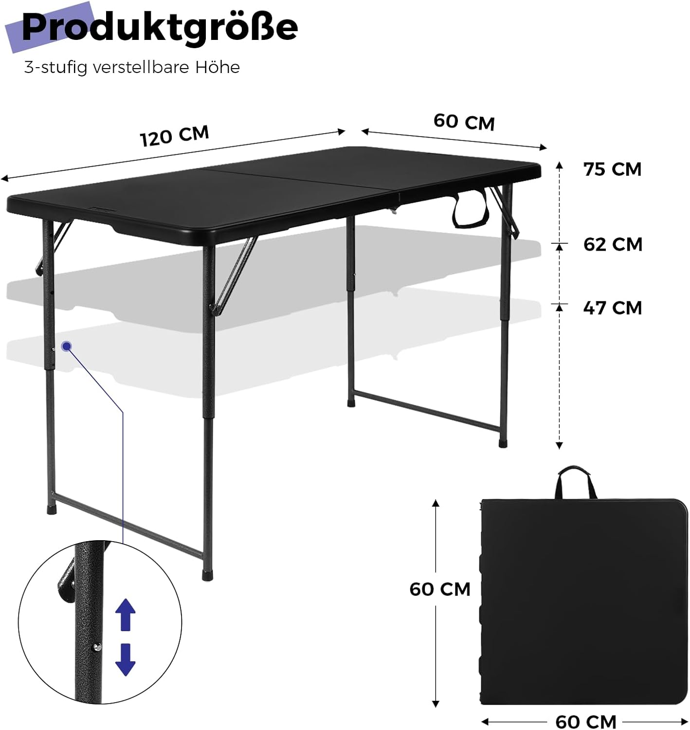 Byliable Klapptisch 120 cm, tragbar, höhenverstellbar, Campingtisch, Gartentisch, Esstisch, Partytisch, klappbar, für draußen und drinnen, Schwarz – Bild 3