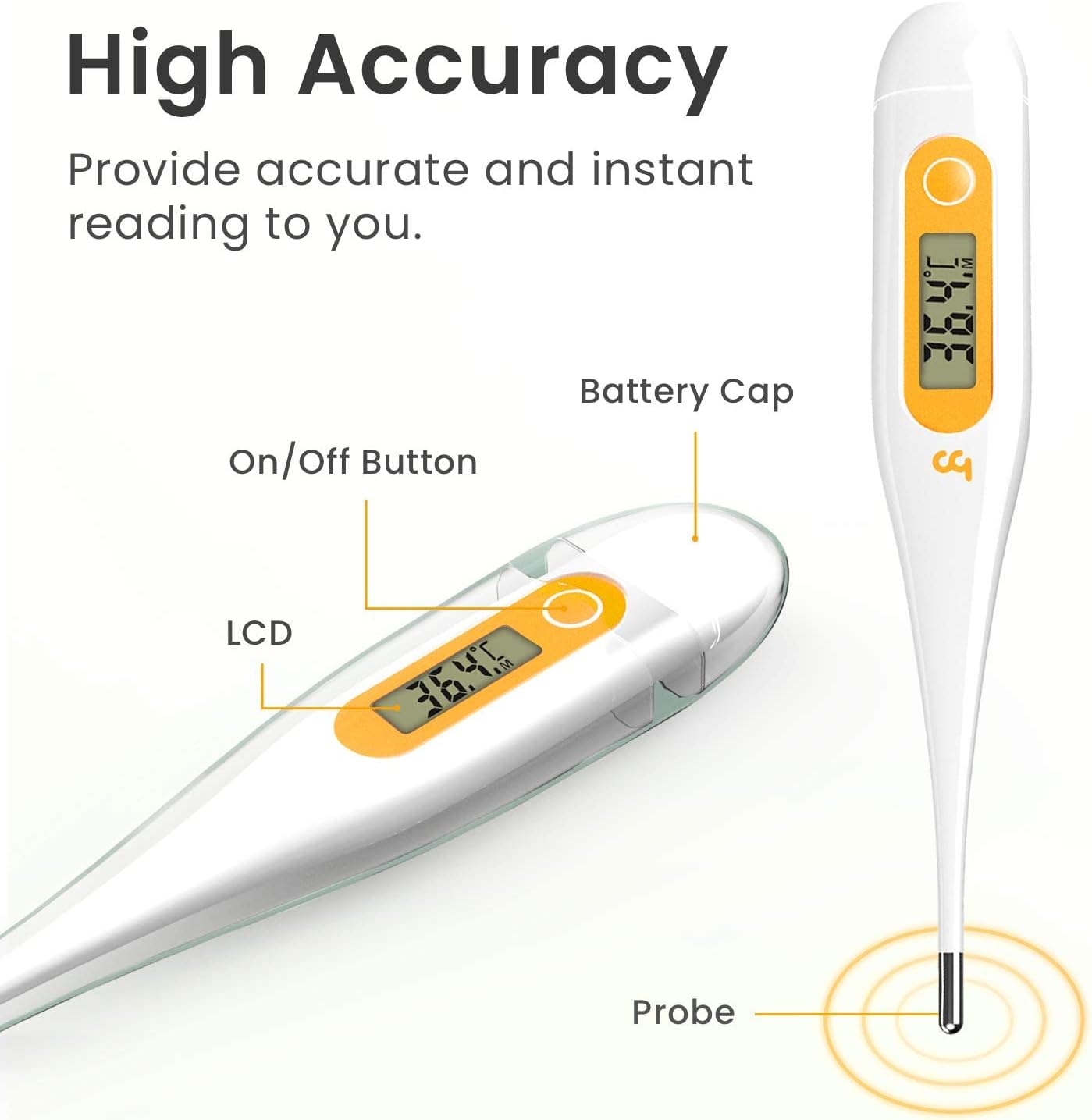 Digitales Fieberthermometer, Rektal, Oral, Achselthermometer Fieberthermometer für Baby Kinder Erwachsene, Genaue und Schnelle Ablesungen, Wasserdichte Sonde (orange-2 Packungen) – Bild 3