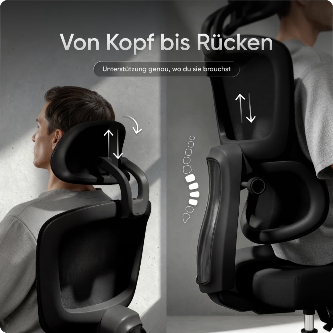 Ergonomischer Bürostuhl Move für das Home Office bis 150 kg – Schreibtischstuhl mit intelligenter Lordosenstütze, 3-stufiger Neigung & höhenverstellbarer Rückenlehne, Bürodrehstuhl (Schwarz) – Bild 6