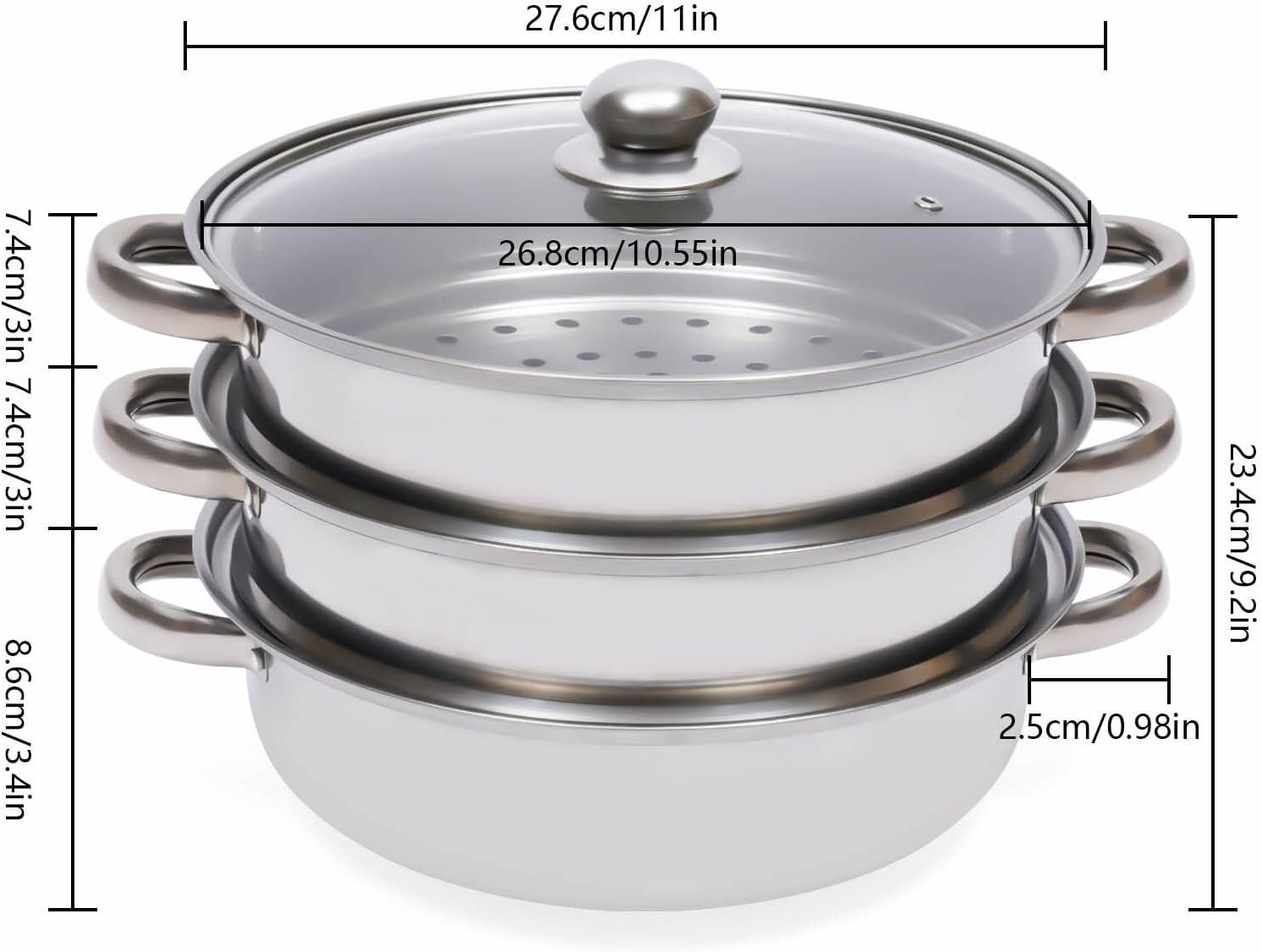Dampfgarer aus Edelstahl mit 3 Etagen, 32,5 x A 25 cm, silberner Dampfgarer, Dampfgarer, Kochtopf, Suppentopf, verdickter, dreischichtiger Dampfgarer mit Glasdeckel für Gas-, Induktions- und Halogenherde – Bild 2