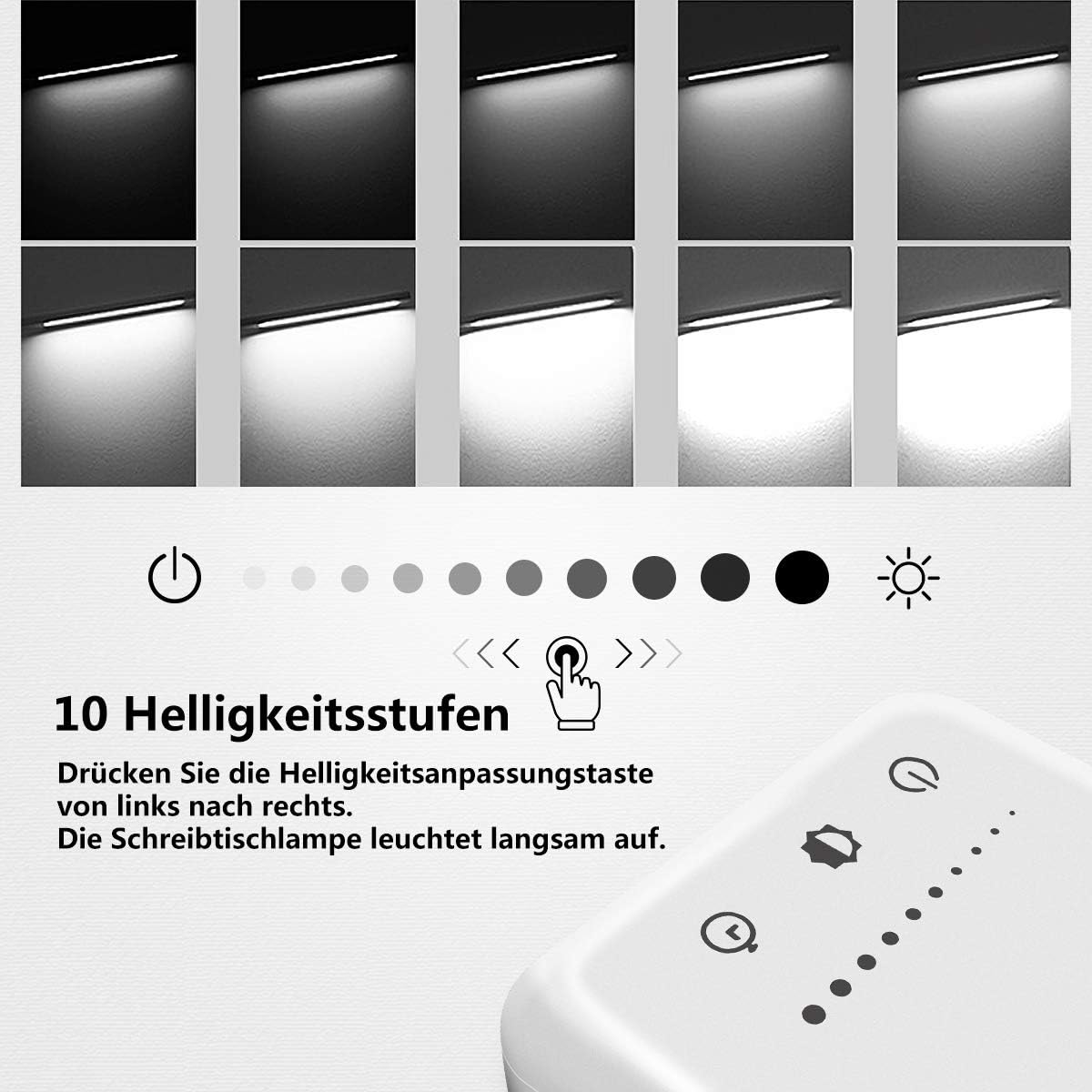 SLATOR QM019 LED-Schreibtischlampe, dimmbare Tischlampe, 5 Farben und 10 Helligkeitsstufen, Nachttischlampe, USB-Anschluss zum Aufladen des Smartphones, Leselicht für Leser, Kinder, Aluminium, Silber – Bild 3