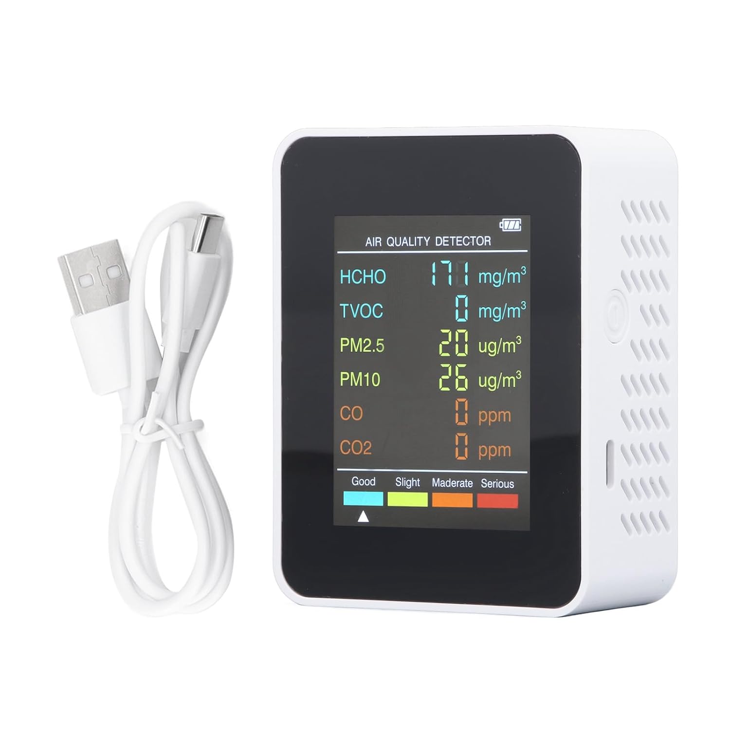 5-in-1 tragbarer Luftqualitätsmonitor mit LCD-Hintergrundbeleuchtung, professioneller Detektor für CO2, TVOC, HCHO, PM2,5 PM10, Temperatur-Feuchtigkeits-Alarmfunktion, ideal für
