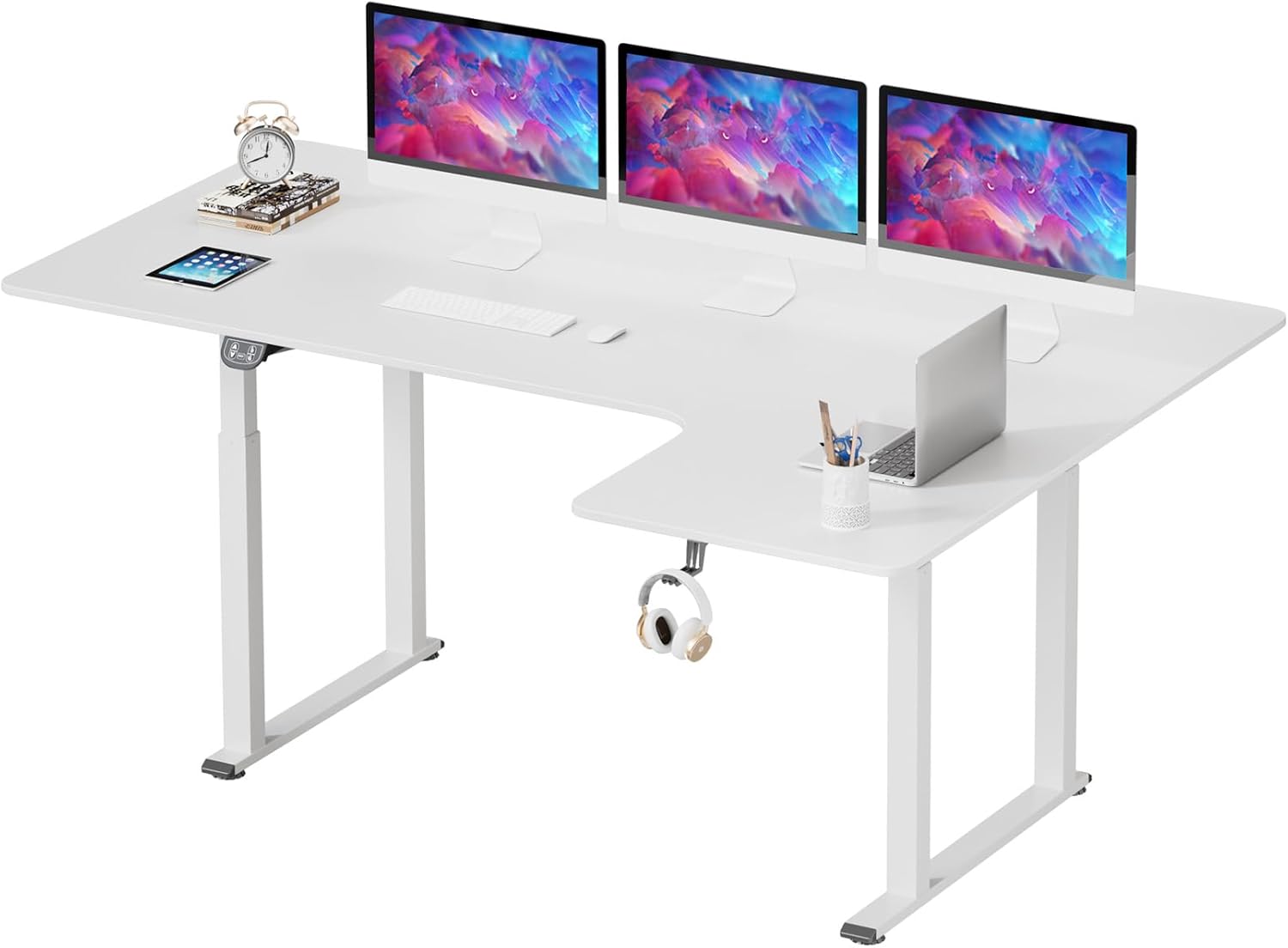 Dripex Höhenverstellbarer elektrischer Schreibtisch, 180 x 110 cm, L-förmig, höhenverstellbar mit Dual-Motor, Eckschreibtisch, Stehpult mit 4 Beinen für super Stabilität, Spleißbrett, Weiß
