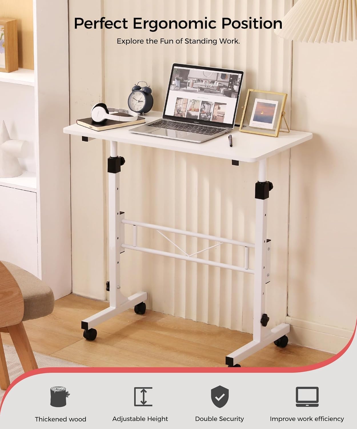 KLSMYHOKI Höhenverstellbarer Schreibtisch mit Rollen, Steh-Sitztisch für das Heimbüro, mobiler Computertisch, weißer Stehschreibtisch, kompatibel mit Laufband und Gehpad, 80 cm x 40 cm, Höhe 70–110 cm – Bild 2