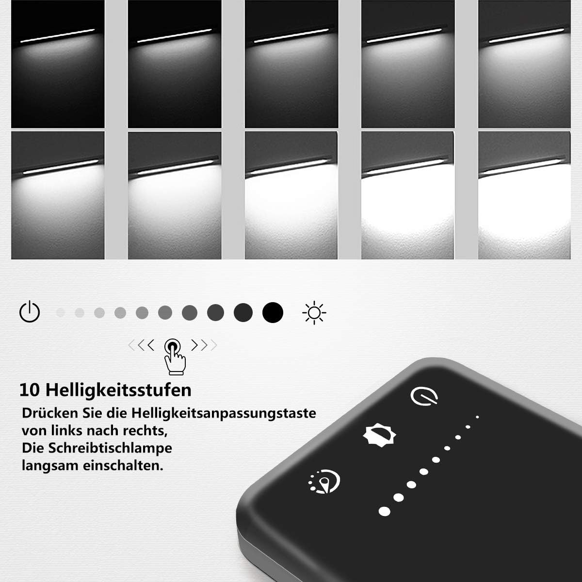 Dimmbare LED-Schreibtisch-Tisch- und Schreibtischlampe mit 5 Farben und 10 Helligkeitsstufen, augenfreundliche Nachttischlampe mit USB zum Aufladen von Smartphones, Lampe für Kinder – Bild 3