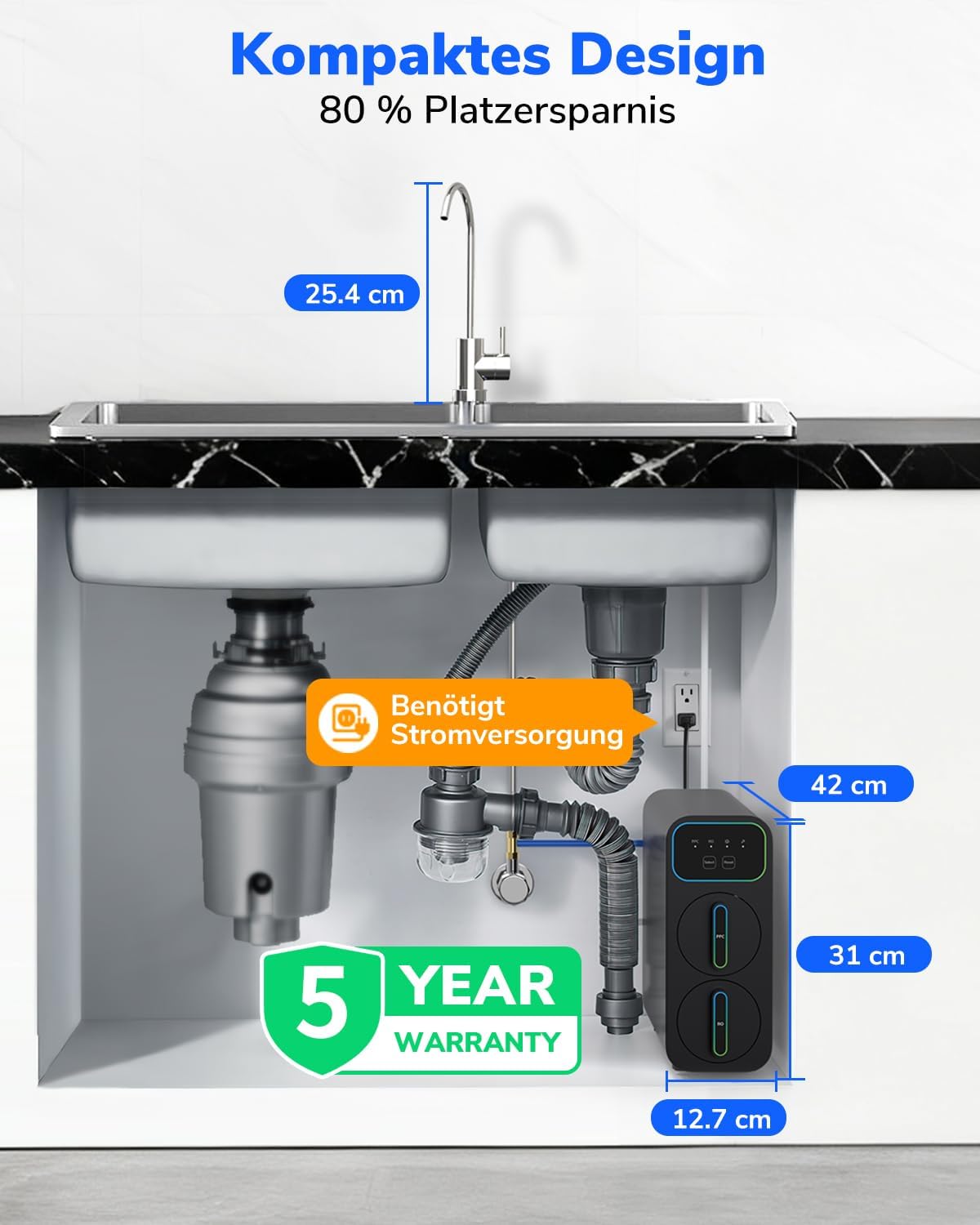 Ecoviva E6 600 GPD Osmoseanlage Trinkwasser, Untertisch-Umkehrosmoseanlage, 9-stufige Filterung RO-Osmose-Wasserfilter, reduziert TDS, 2,5:1 Sparverhältnis, ohne Tank, Schwarz – Bild 6