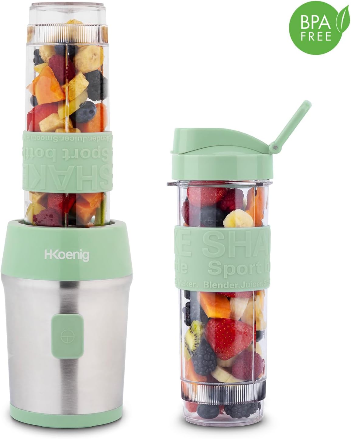H.Koenig Mini Smoothie Maker Standmixer, Mixer elektrisch, tragbar, kompakt, 570 ml, SMOO18, BPA-frei, leistungsstark 300 W, Smoothie-Mixer 2 tragbare Flaschen, Edelstahlklingen, Pastellgrün – Bild 10