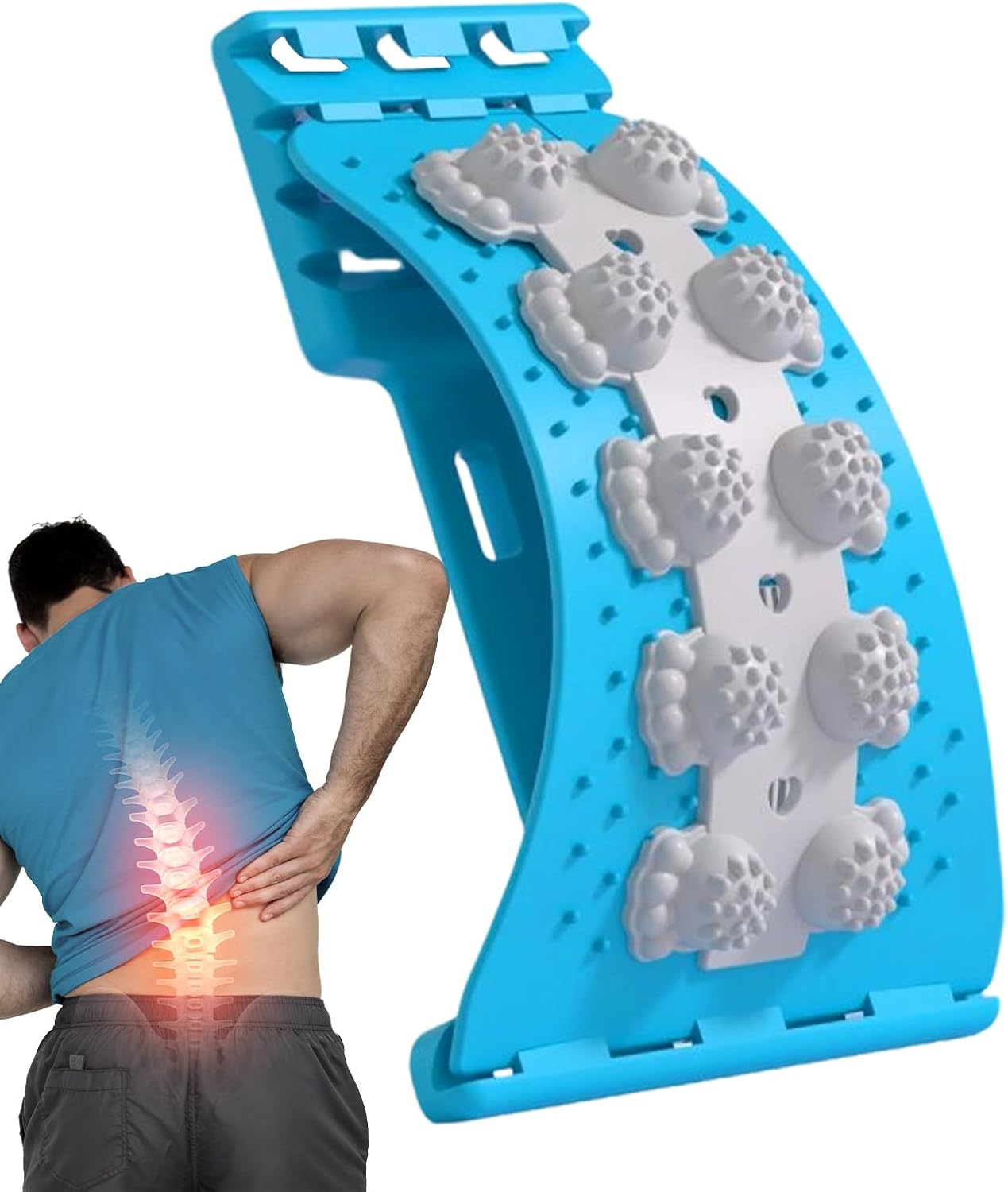 Rückendehner für den unteren Rücken, Akupressur-Massagebrett mit Noppen, 4-stufig verstellbarer Rückendehner für Zuhause, Fitness, Entspannung von Gewebe, Nerven, Haltung für runden Rücken