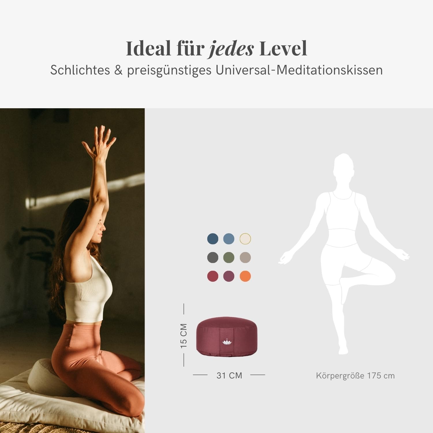 Lotuscrafts Meditationskissen LOTUS – Höhe 15 cm – Dinkelfüllung – waschbarer Bezug aus Bio-Baumwolle – Bodenkissen Meditation – Yogakissen – Meditationskissen – Yogakissen – GOTS zertifiziert – Bild 4