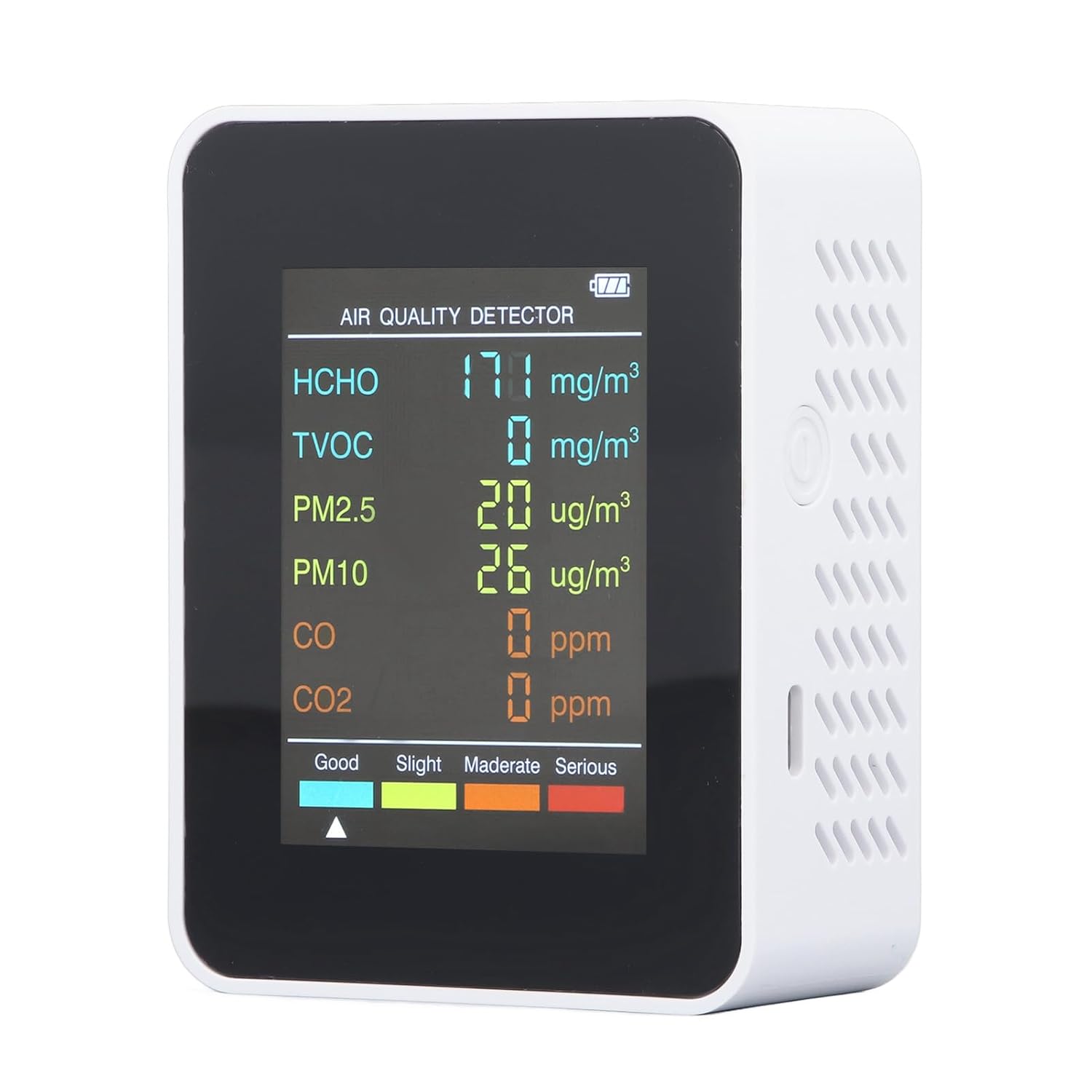 5-in-1 tragbarer Luftqualitätsmonitor mit LCD-Hintergrundbeleuchtung, professioneller Detektor für CO2, TVOC, HCHO, PM2,5 PM10, Temperatur-Feuchtigkeits-Alarmfunktion, ideal für – Bild 3
